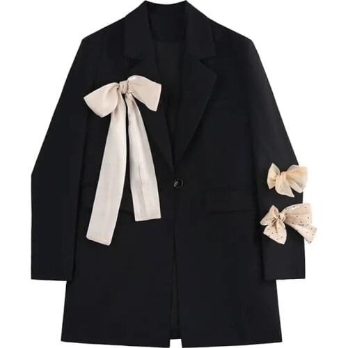 Bow tie design sense suit jacket women spring loose profile black small suit womens blazers Casual Bow Solid Cotton