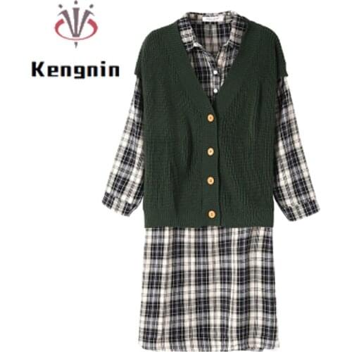 Loose Oversized Women Sets 2021 Autumn Knitted Green Sweater Vest + Plaid Long Sleeve Shirts Ladies Casual Two Piece Set KE1789