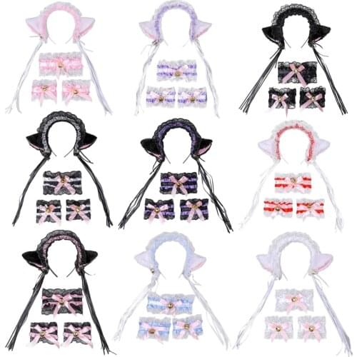 Female Girls Anime Lolita Cosplay Costume Plush Cat Ears Badnana Bowknot Bell Ruffles Lace Collar Necklace Wristband