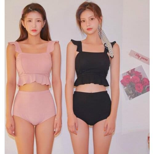 2019 New Korean Womens 2 Piece Swimsuit Solid Tummy Control Crop Top Ruffled Sexy Swimwear Backless Slimming Beach Bathing Suit