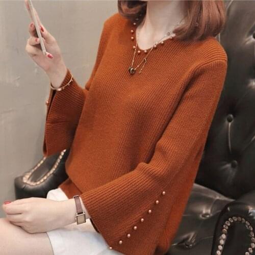 Plus size V-neck Knitted Sweaters Women 2020 Autumn Winter Fashion Loose Flare sleeve Beading Pullovers Female Oversize Jumpers