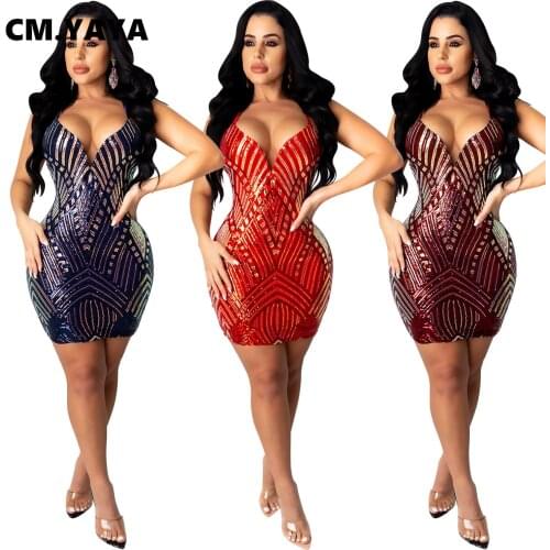 CM.YAYA Women Sequin Splicing Open Back Lace Up Spaghetti Strap V-neck Bodycon Midi Dress Sexy Club Party Mini Dresses Vestidos