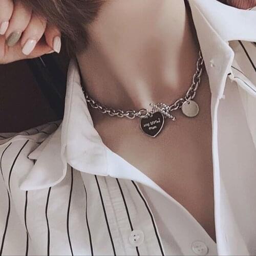 2020 Punk Metal Heart Clavicle Chain Necklace Female Geometric Buckle Thick Chain Rock Hip Hop Silver Color Choker Necklace Gift