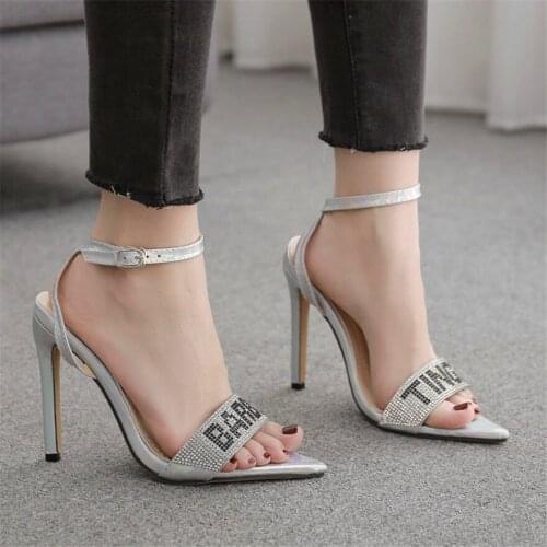 2021 Crystal Letters Fashion Women Gladiator Sandals Pointed Open Toe Silver Buckle Pumps Female High Heels Dress Party Shoes 41