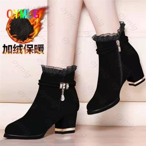 2021 spring, autumn and winter suede short boots thick heel womens boots sexy lace wild side zipper nude boots womens shoes