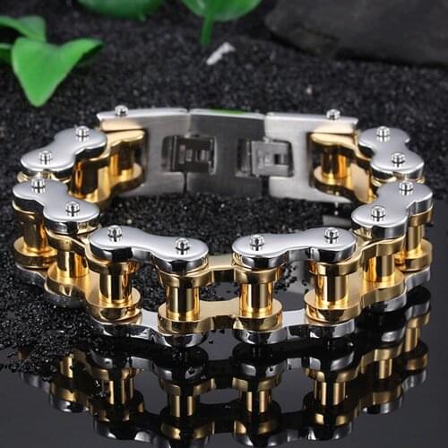Mens Unisexs Silver Color&Gold Motor Bike Chain Motorcycle Chain Bracelet Bangle Stainless Steel Strong Jewelry Drop Shipping