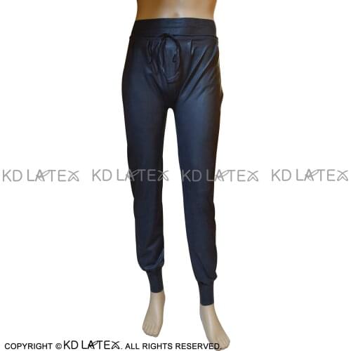 Black Sexy Latex Pants with Pockets And Lacing At Front Rubber Trousers Bottoms CK-0062