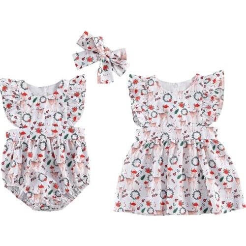 Baby Dress, Floral Print Round Neck Fly Sleeve Dress/ Baby Romper with Headband for Girls Sister Matching Outfits