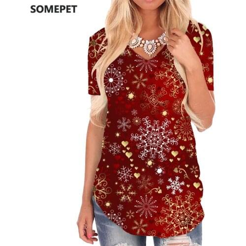 SOMEPET Christmas T Shirt Women Colorful V-neck Tshirt Pattern Tshirts Printed Party Shirt Print Womens Clothing Summer Printed