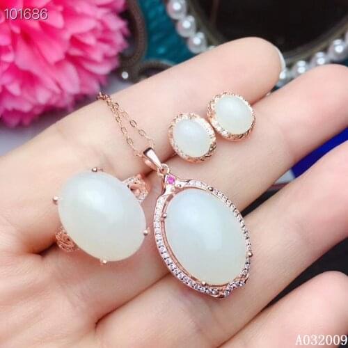KJJEAXCMY fine jewelry 925 sterling silver inlaid natural white jade earrings ring pendant popular girl suit support test