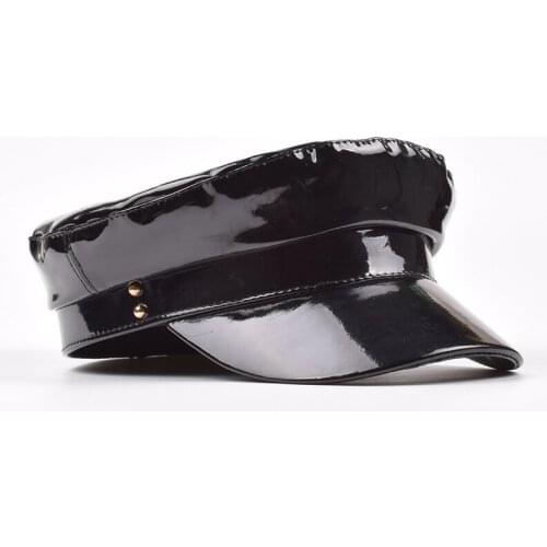 PU Newsboy Caps Female Autumn/winter British Retro Solid Color Paint PU Leather Flat Top Navy Cap Visor