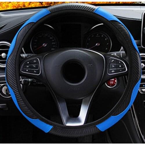 38CM Car Steering Wheel Cover Blue Black Anti Slip Carbon Fiber Leather Steering Covers Elastic Style Auto Decoration
