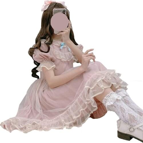 Summer Japanese Lolita Lace Dress Teen Girls Soft Cute Ruffles A-Line Princess Party Dresses