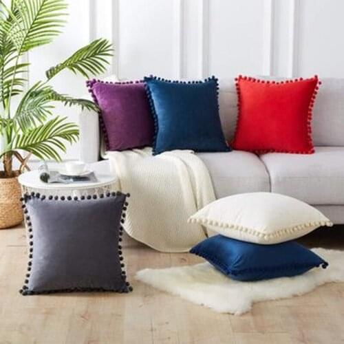 Soft Velvet Pillowcases Solid Cushion Cover Square Decorative Pillows With Balls For Sofa Bed Car Home Throw Pillow