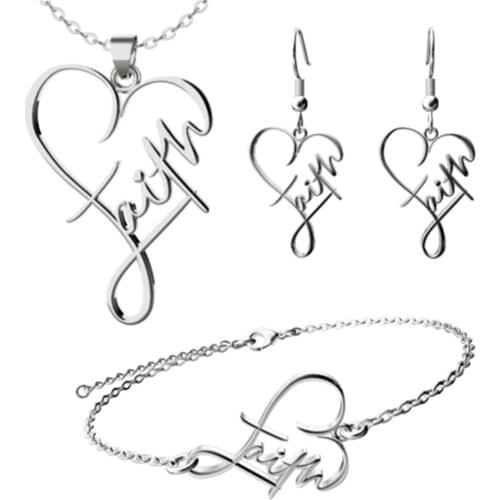Stainless Steel Necklace Bracelet Earring Jewelry Set FAITH Pendant Cross Jewelry For Women Men Fashion Jewelry Gift