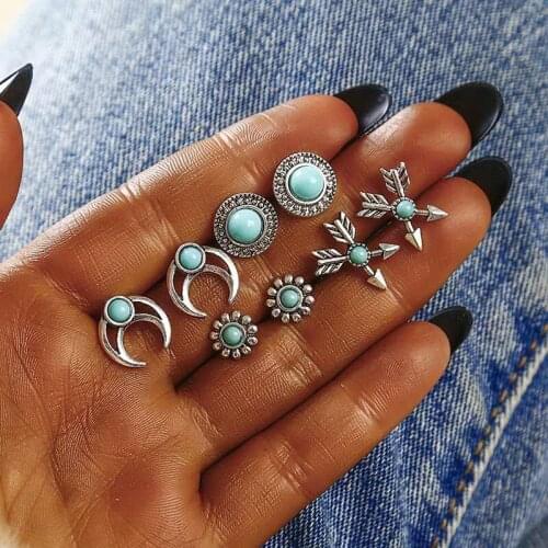 4 PCS/sets New 2020 Vintage Geometric Crescent Shape Earrings for Women Retro Multicolor Stone Stud Earrings Female Jewelry