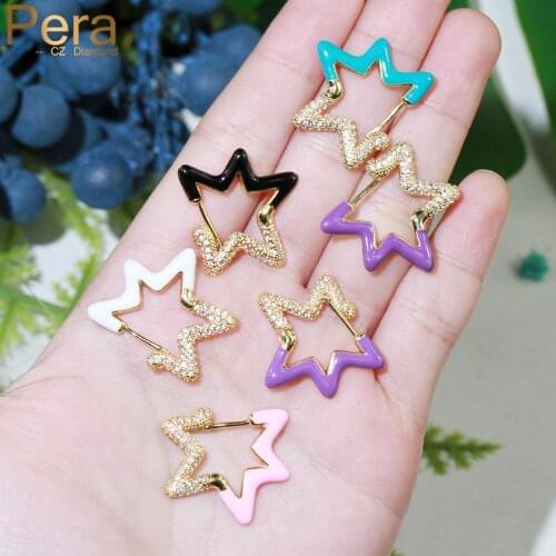 Pera Unique Design Black Purple Enamel Star Shape Cubic Zirconia Yellow Gold Stud Earrings for Ladies Fashion Prom Jewelry E677