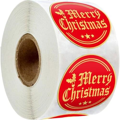 Merry Christmas Stickers 100-500pcs Round Golden Plated Stickers Gift Candy Box Homemade Cookies Bag Sealing Decoration Decals