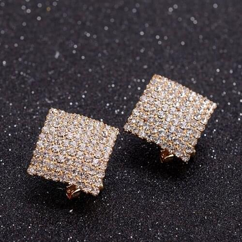 Luxury Full Rhinestone Square Earring Crystal Ear Clip on Earrings Non Piercing for Women Wedding Party No Hole Earrings