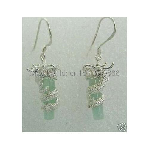 FREE SHIP>>Surround Cylinder Green jade Silver Women s Hook Earrings