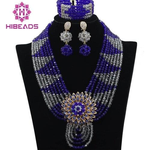 Royal Blue and silver Beads Set Nigerian African Royal Blue Beads Jewelry Set Chunky Bib Necklace Set Free Shipping WB753