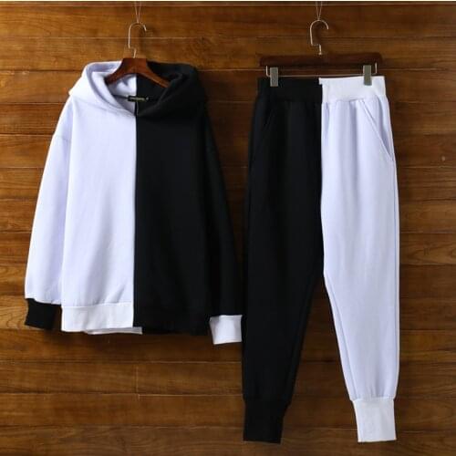Spring mens white black patchwork hip hop hoodie pants two piece set man plus size 6XL hoody streetwear sports suits joggers