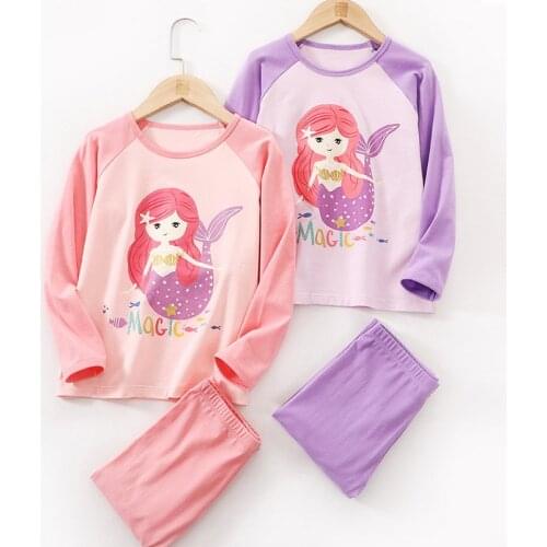 Spring Autumn Pajamas Sets Cartoon Mermaid Long Sleeve Tops and Pants Sleepwear Sets
