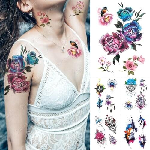 Waterproof Temporary Tattoo Sticker Bird Peony Flowers Tattoos Cherry Blossom Rose Body Art Arm Fake Tatoo Women Men