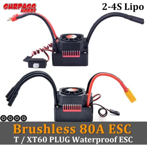 SURPASS HOBBY Waterproof 80A Brushless ESC 2-4S Lipo Electric Speed Controller for 1/10 1/8 RC Car 3660 3670 Brushless Motor