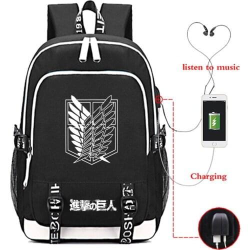 High Quality Attack on Titan USB Charge Backpack School Bag Fashion Attack on Titan Bags Beautiful Students School Backpack