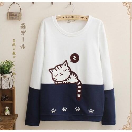 Harajuku Women Casual Cotton Hoodie Cute Sleeping Cat Embroidery Japanese mori girl Winter Long sleeve Sweatshirt