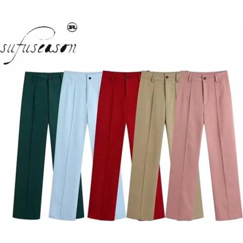 Sufuseason Women Fashion Office Straight Pants High Waist Zipper Trousers Regular Full Length Polyester dress pants for women