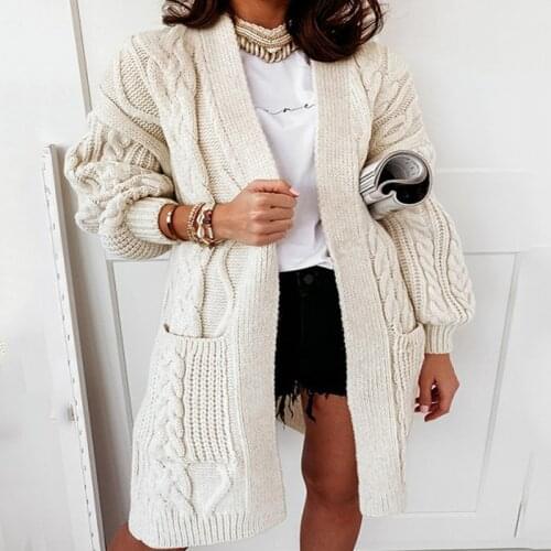 Cardigan Women V-neck Lantern Sleeve Long Knitted Sweater Ladies Oversized Autumn Winter Solid Coat Warm Twist Knit Cardigans