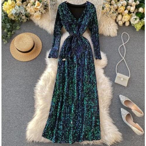 Womens spring autumn long sleeve sequins beaded shiny long dress female bling bling club party slim long dress TB817