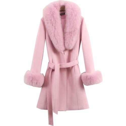 Fox Fur Collar Cashmere Coat Winter Thick Women Elegant Slim Plus Size Coat High Quality Wool Blends Coat D191203