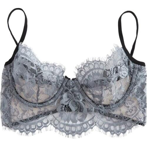 Women Sexy Lingerie Eyelash Lace Embroidery Solid color Bra Perspective breathable Underwear Sleepwear Steel Bracket Bra