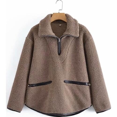 ZXQJ Women 2021 Fashion Thick Warm Faux Leather Jacket Coat Vintage Long Sleeve Female Pullovers Chic Tops