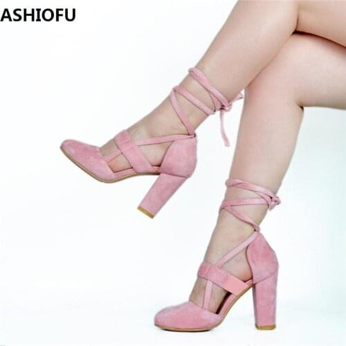 ASHIOFU Handmade Ladies Block Heel Pumps Shoelace Ankle Strap Party Prom Dress Shoes Large Size Fashion Evening Court Shoes