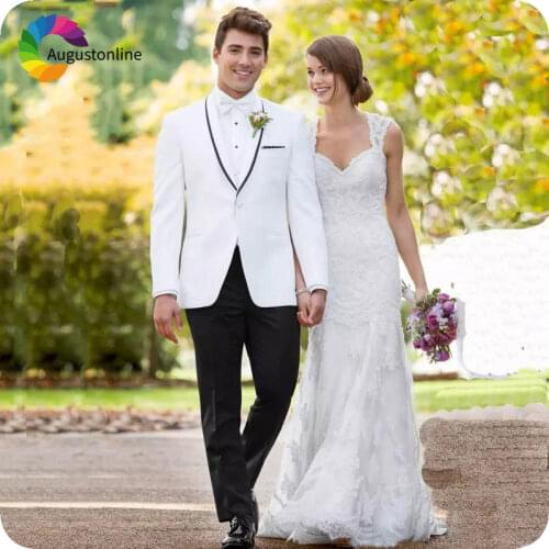 Custom Made White Mens Wedding Suits Black Shawl Lapel Terno Masculino Slim Fit Groom Tuxedo 2Piece Jacket Pants Costume Homme