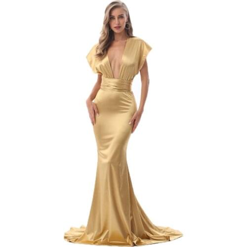 Shiny Gold Sexy Satin Long Dress DIY Straps Bodycon Backless Mermaid Maxi Dress Floor Length Stretch V Neck Party Dress