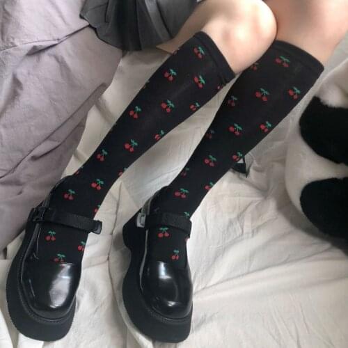 Black White Floral Stockings Cotton Cute Little Cherry Lolita Stockings Japanese Girls Dress Socks Summer Knee High Socks