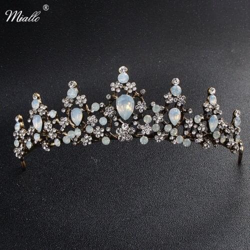 Miallo Classic Opal Stones Black Gold Tiaras and Crowns Wedding Hair Jewelry Queen Women Diadem Brides Tiara