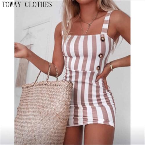 Summer Square Neck Stripe Print Button Design Bodycon Dress Vintage Party Dress Sleeveless Sundress Plus Size