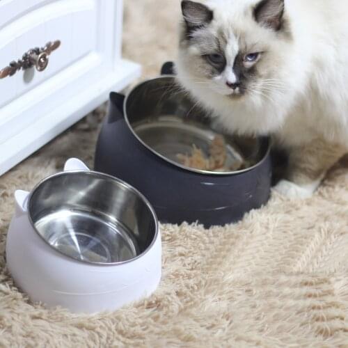 Cat Bowl Stainless Steel Tilted Safeguard Neck Puppy Cats Bowl Non-slip Crash Elevated Kitten Feeder