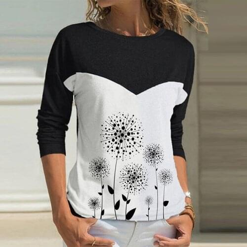 Fashion O-Neck Colour Blocking Women Pullover Top Autumn Dandelion Print Bottom Shirt Casual Long Sleeve Lady Blouse Streetwear