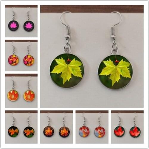 Various new round glass cabochon maple leaf pattern glass ladies earrings, autumn gifts, jewelry making pendant earrings gifts