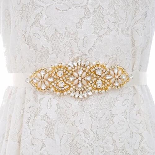 HONGFUYU Luxury Golden Diamonds Opals Bridal Girdle for Wedding Dress Shiny Crystal Pearls Satin Sash for Wedding Gown Accessory