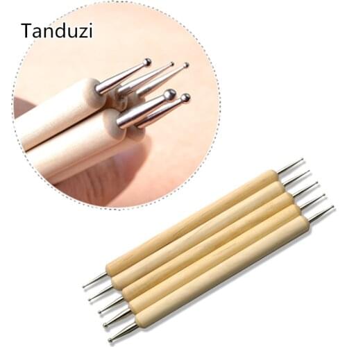 Tanduzi 5PCS Ball Stylus Polymer Clay Pottery Ceramics Sculpting Modeling Tools Wooden Handle Clay Tools Nail Point Drill Pens