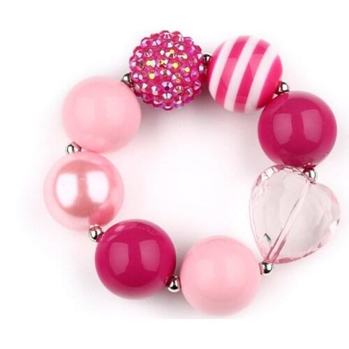DIY Girls Pink Heart Charm Baby Valentines Day Gift Child Chunky Beaded Bubblegum Bracelet Kids Elastic Wristband For Girls