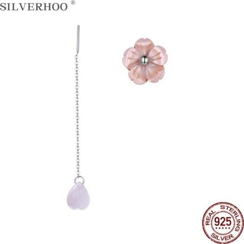 SILVERHOO 925 Sterling Silver Long Tassel Pearl Shell Heart & Flower Asymmetry Drop Earrings For Women Romantic Jewelry Earring